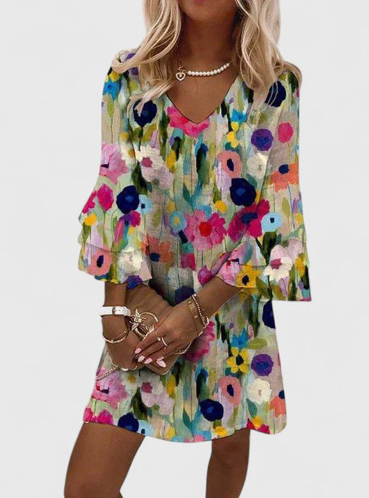 V Neck Floral Tiered Sleeve Mini Dress