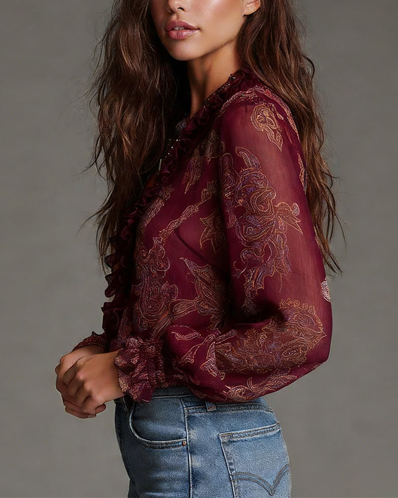 Women's V-Neck Ruffle Sleeve Paisley Print Blouse