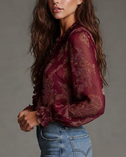Women's V-Neck Ruffle Sleeve Paisley Print Blouse