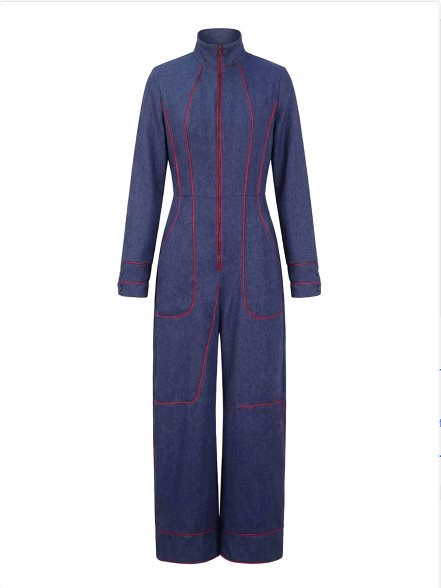 Contrast Piping Stand Collar Wide Leg Jumpsuit