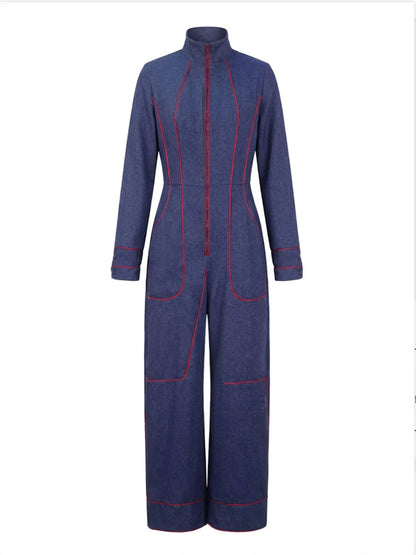 Contrast Piping Stand Collar Wide Leg Jumpsuit