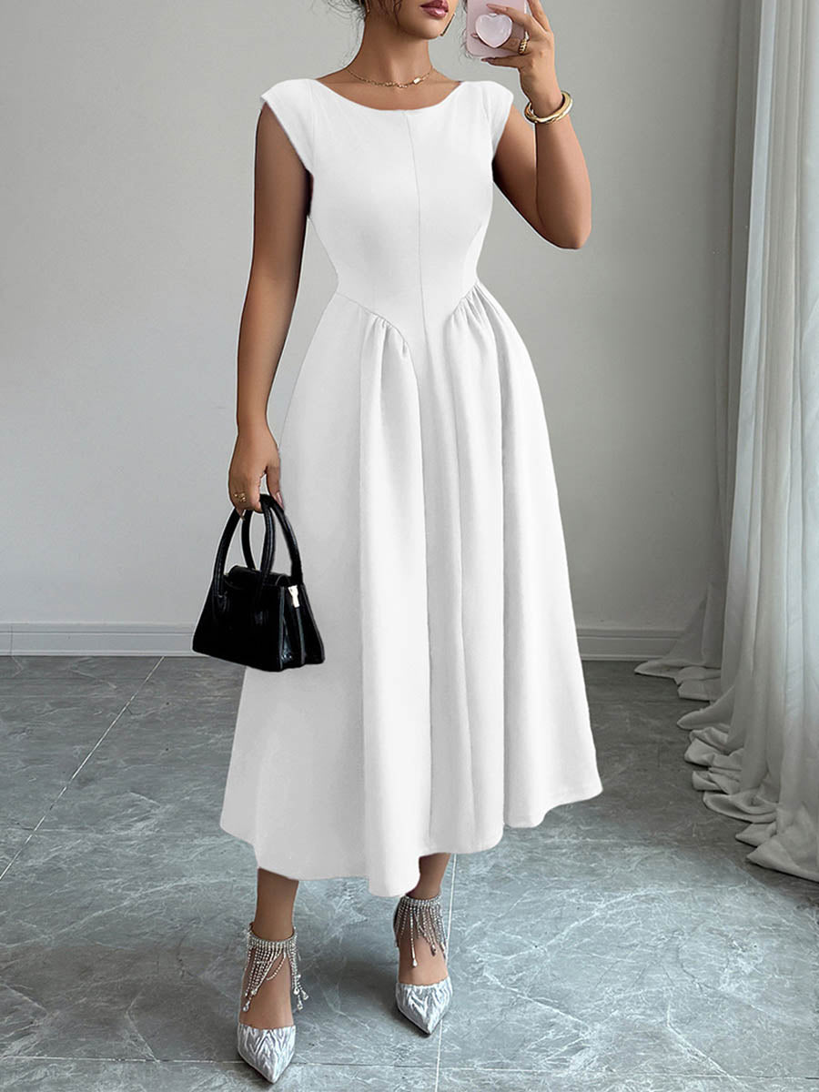 Boat Neck Sleeveless Pleated A-Line Backless Midi Dress with Pockets