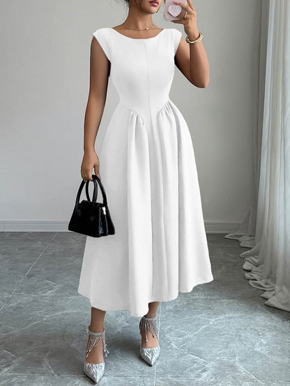 Boat Neck Sleeveless Pleated A-Line Backless Midi Dress with Pockets