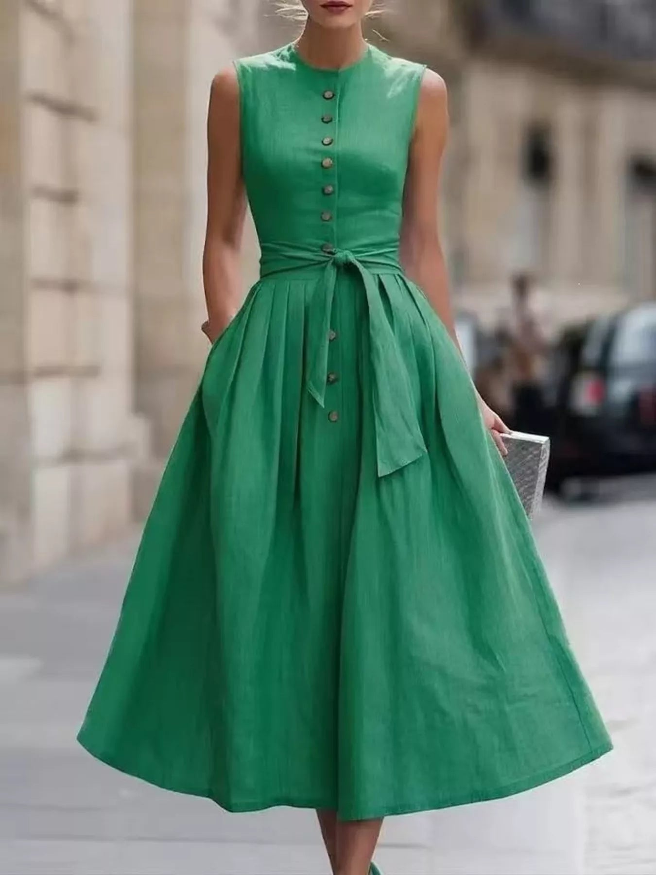 Round Neck Sleeveless Button-Front Belted Midi Dress
