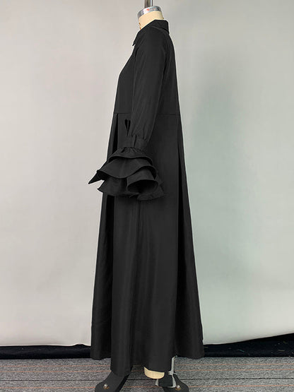 Collared Ruffled Pleated Maxi Loose Flared Dress