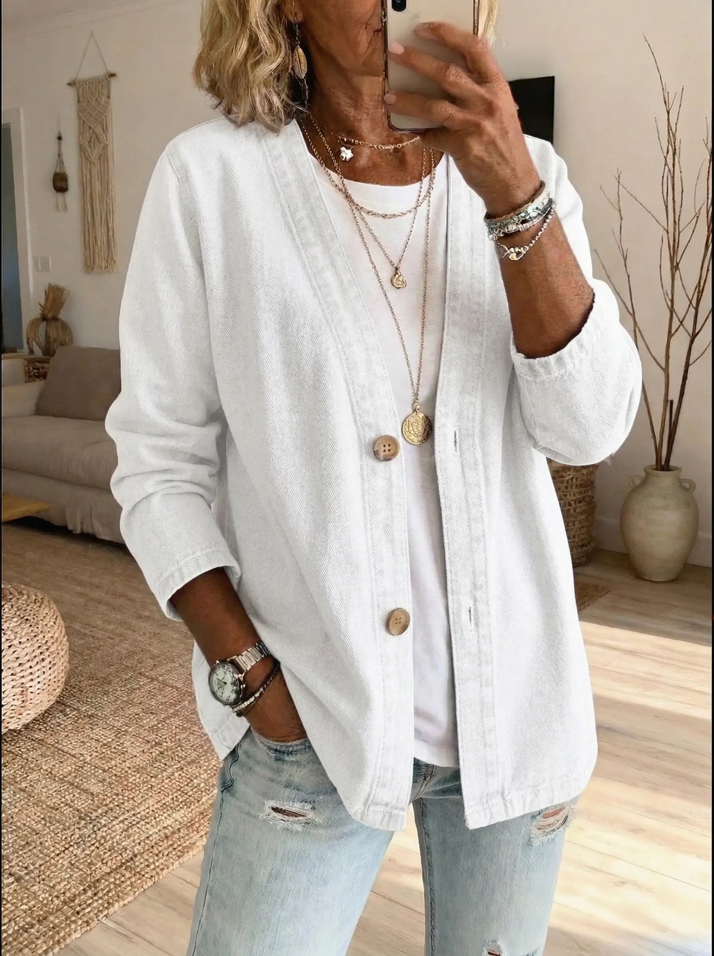 Textured Buttoned Seamed Dropped Loose Cardigan