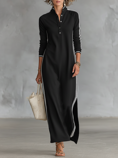 Mock Neck Ribbed Trim Straight Column Maxi Dress