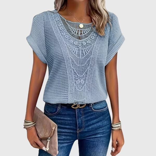 Textured Perforated Geometric Rolled Sleeved Relaxed Top