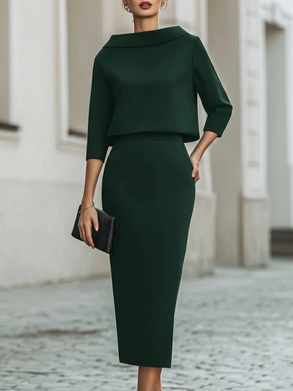 Fitted Boat Neck Three Quarter Sleeve Midi Set
