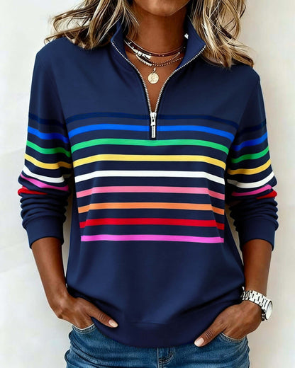 Women's Polo Collar Half Zip Striped Sweatshirt