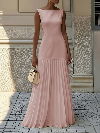Pleated Sleeveless Boat Neck Maxi Drop Waist Dress