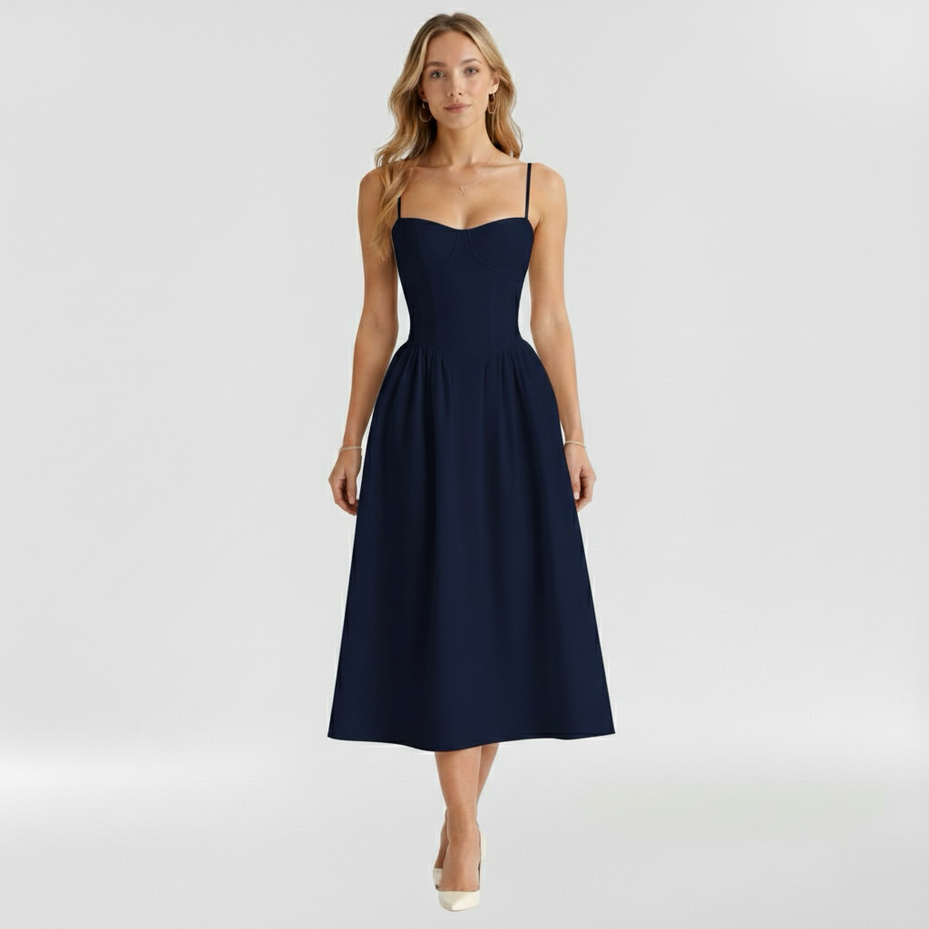 Corset Structured Sleeveless Paneled Gathered Midi Dress