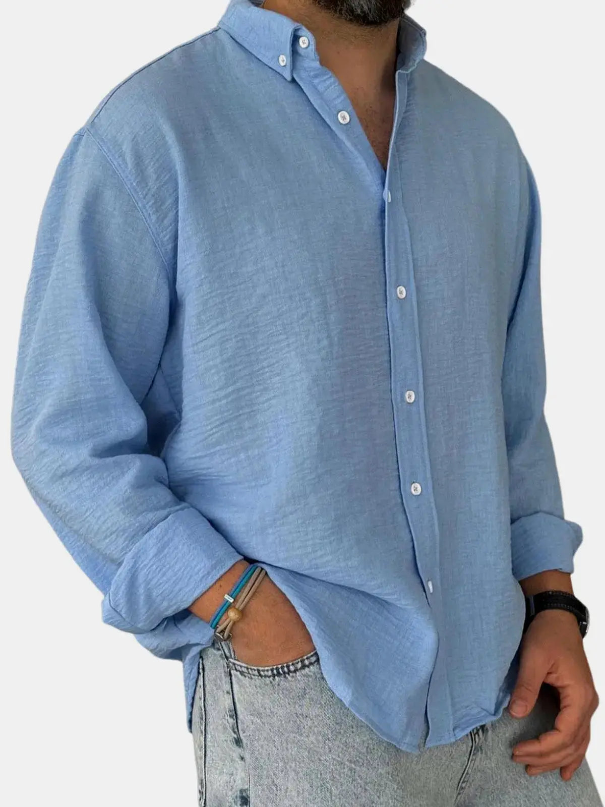 Collared Buttoned Cuffed Textured Curved Plain Shirt