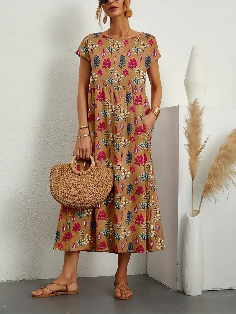 Round Neck Short Sleeve Floral A-Line Midi Dress with Pockets