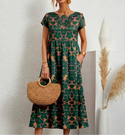 Round Neck Short Sleeve Floral A-Line Midi Dress with Pockets