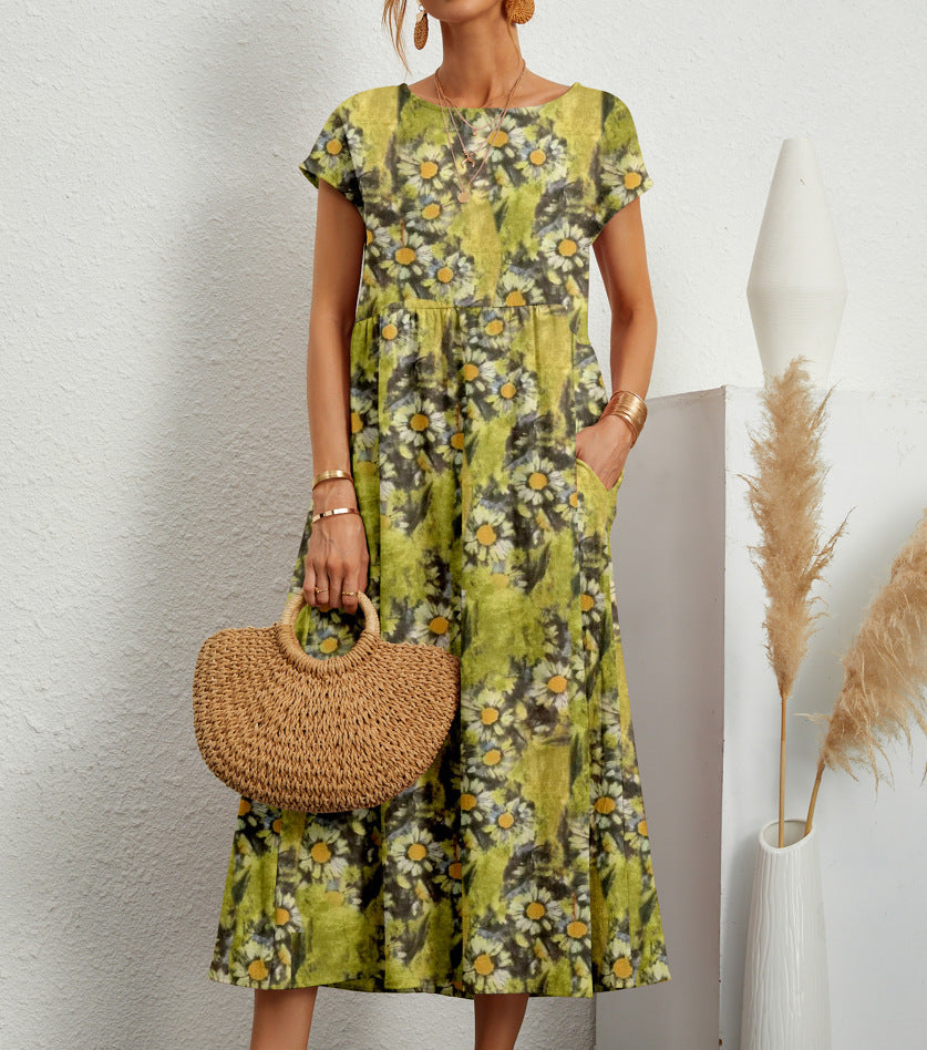 Round Neck Short Sleeve Floral A-Line Midi Dress with Pockets