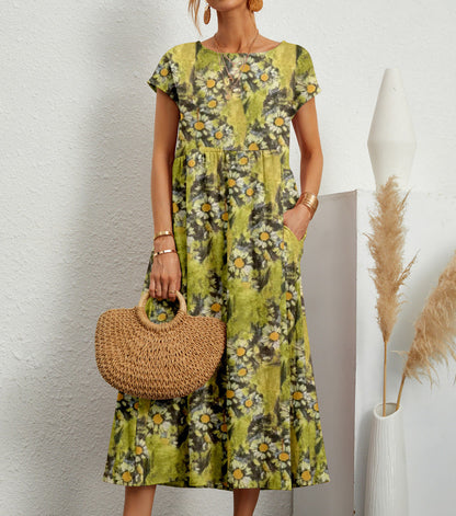 Round Neck Short Sleeve Floral A-Line Midi Dress with Pockets