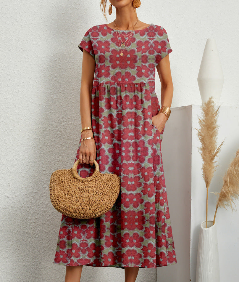 Round Neck Short Sleeve Floral A-Line Midi Dress with Pockets