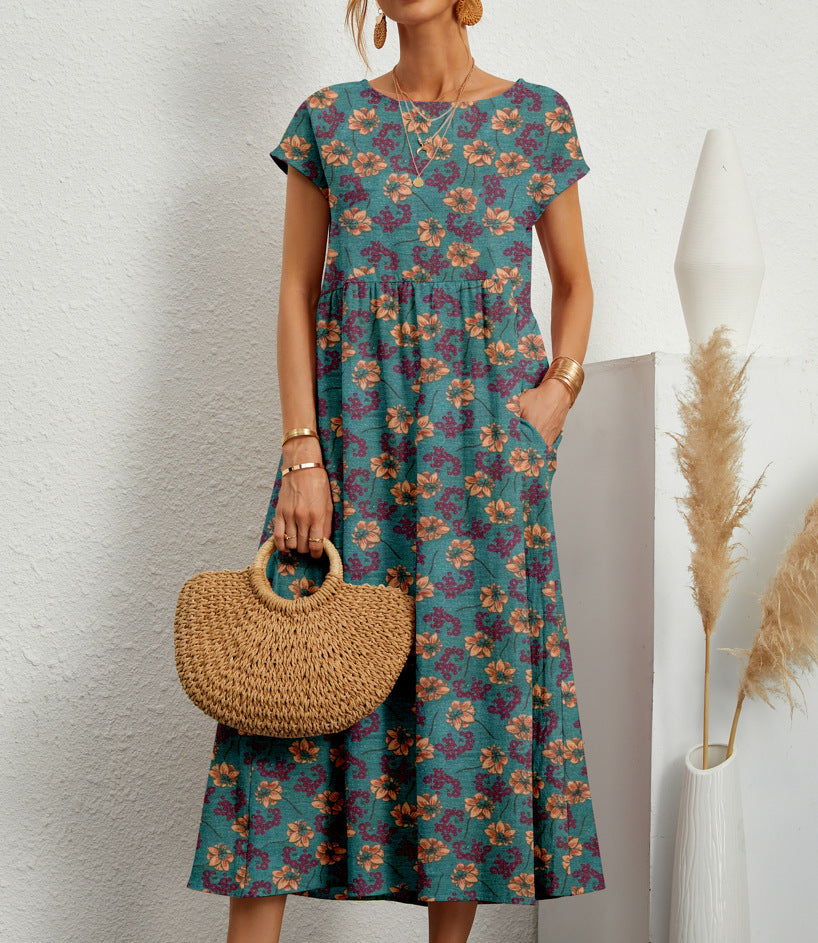 Round Neck Short Sleeve Floral A-Line Midi Dress with Pockets