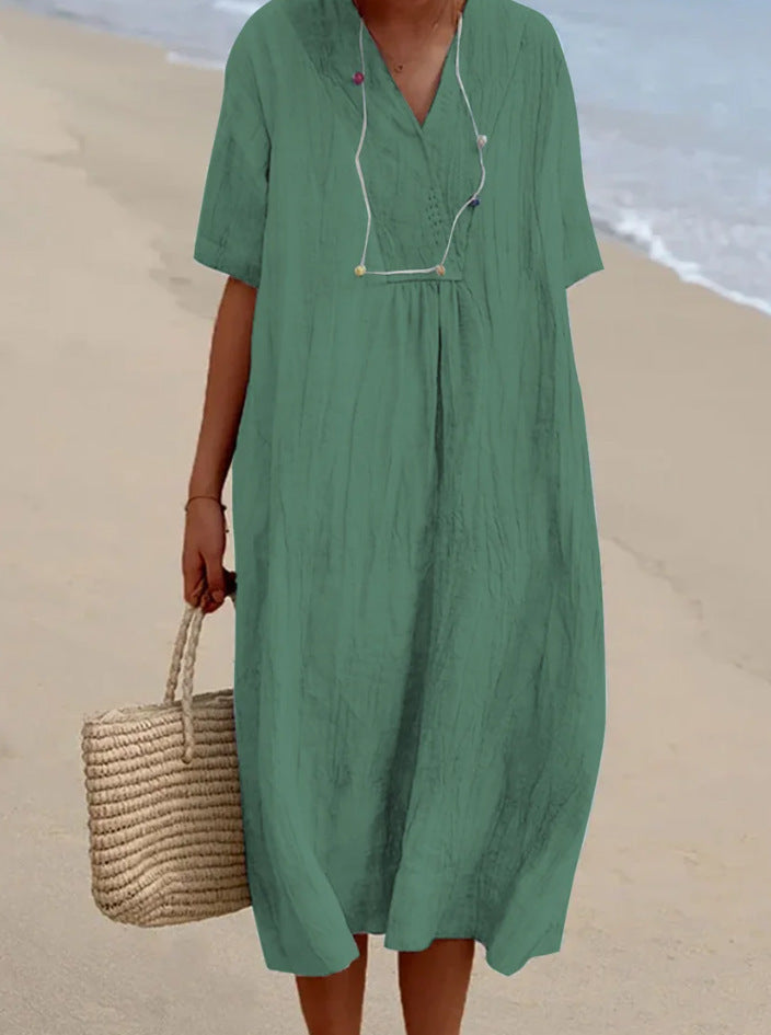 Short Sleeve V-Neck Casual Midi Dress