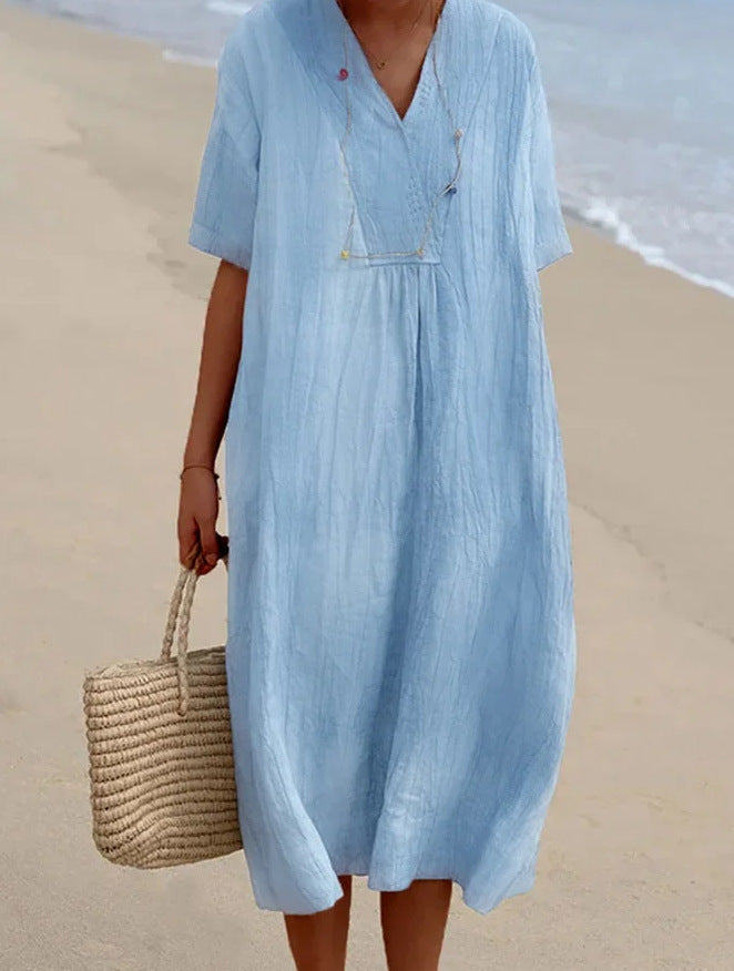 Short Sleeve V-Neck Casual Midi Dress
