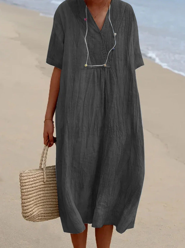 Short Sleeve V-Neck Casual Midi Dress