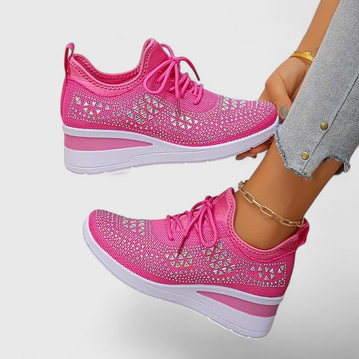 Rhinestone Mesh Lace-Up Wedge Sneakers