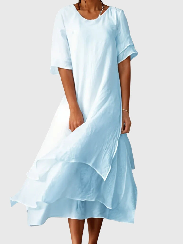 Layered Asymmetric Scoop Neck Short Sleeve Midi Dress