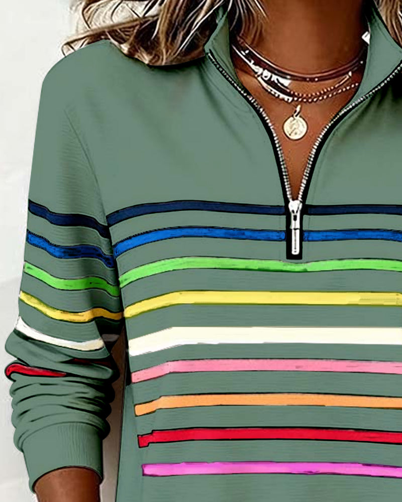 Women's Polo Collar Half Zip Striped Sweatshirt