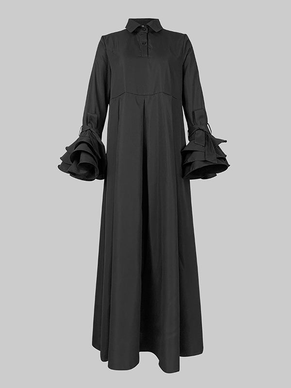 Collared Ruffled Pleated Maxi Loose Flared Dress