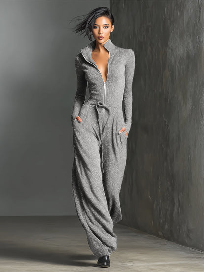 Zippered High Neck Long Sleeve Wide Leg Jumpsuit