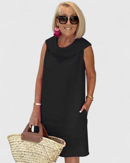 Sleeveless Cowled Straight Pocketed Unfitted Dress