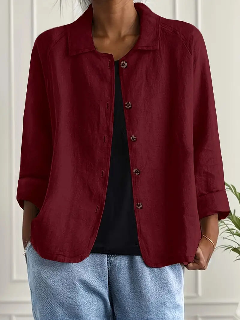 Collared Button Down Three Quarter Sleeve Blouse