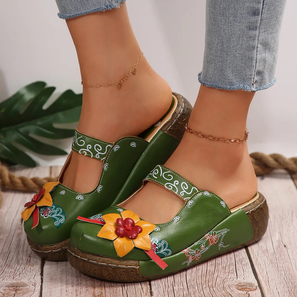 Embroidered Printed Round Toe Slip On Sandals