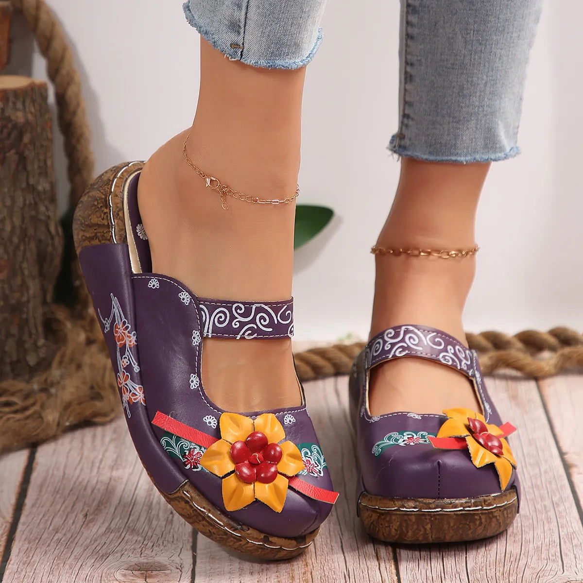 Embroidered Printed Round Toe Slip On Sandals