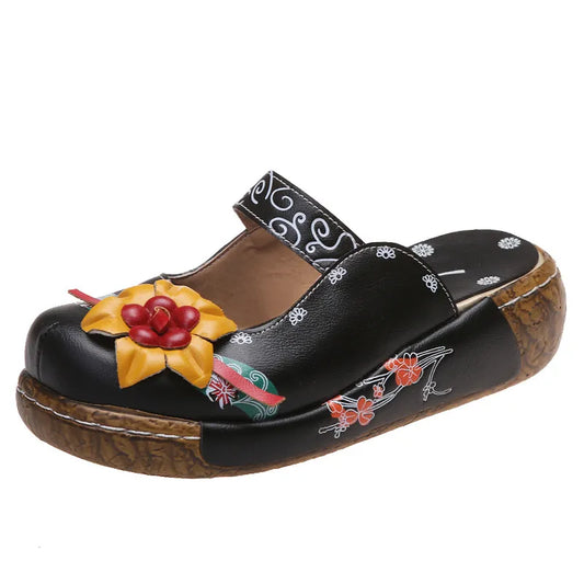 Embroidered Printed Round Toe Slip On Sandals