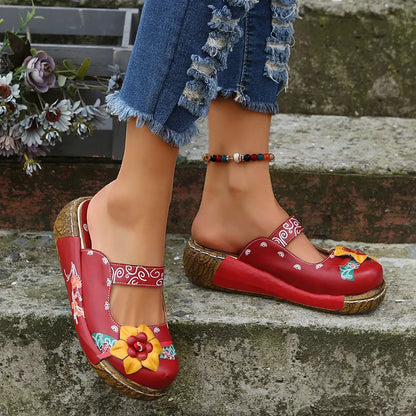 Embroidered Printed Round Toe Slip On Sandals