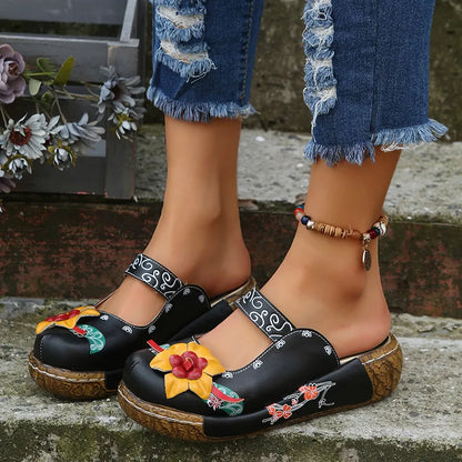 Embroidered Printed Round Toe Slip On Sandals