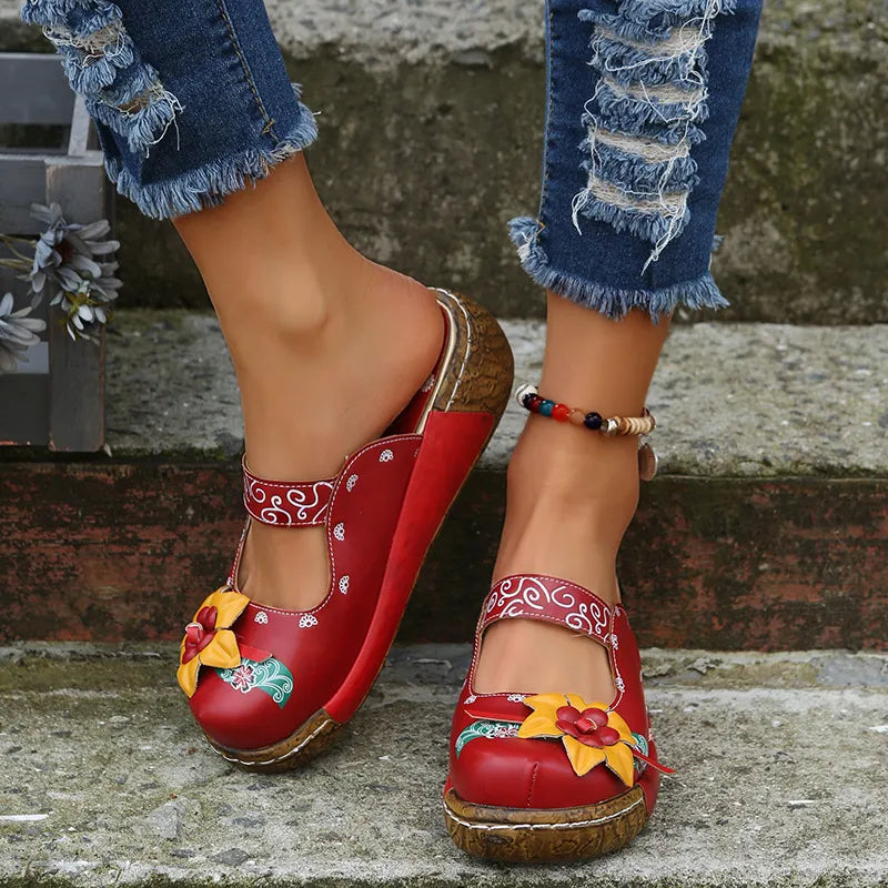 Embroidered Printed Round Toe Slip On Sandals