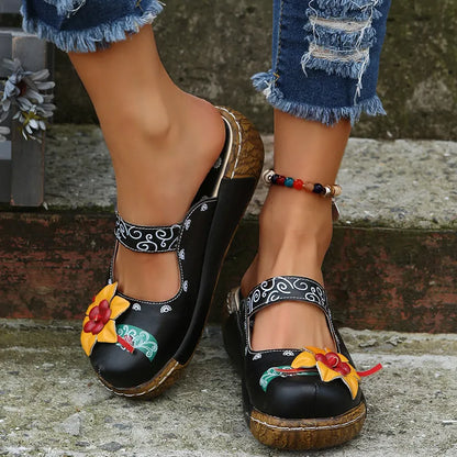 Embroidered Printed Round Toe Slip On Sandals