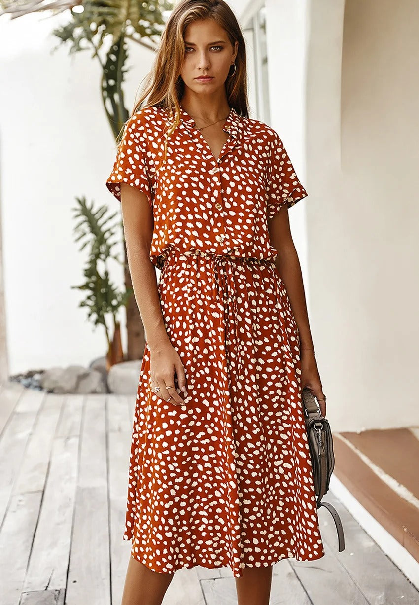 Printed Short Sleeve Drawstring Waist Dress