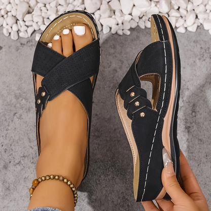 Crossed Studded Stitched Wedged Sandals