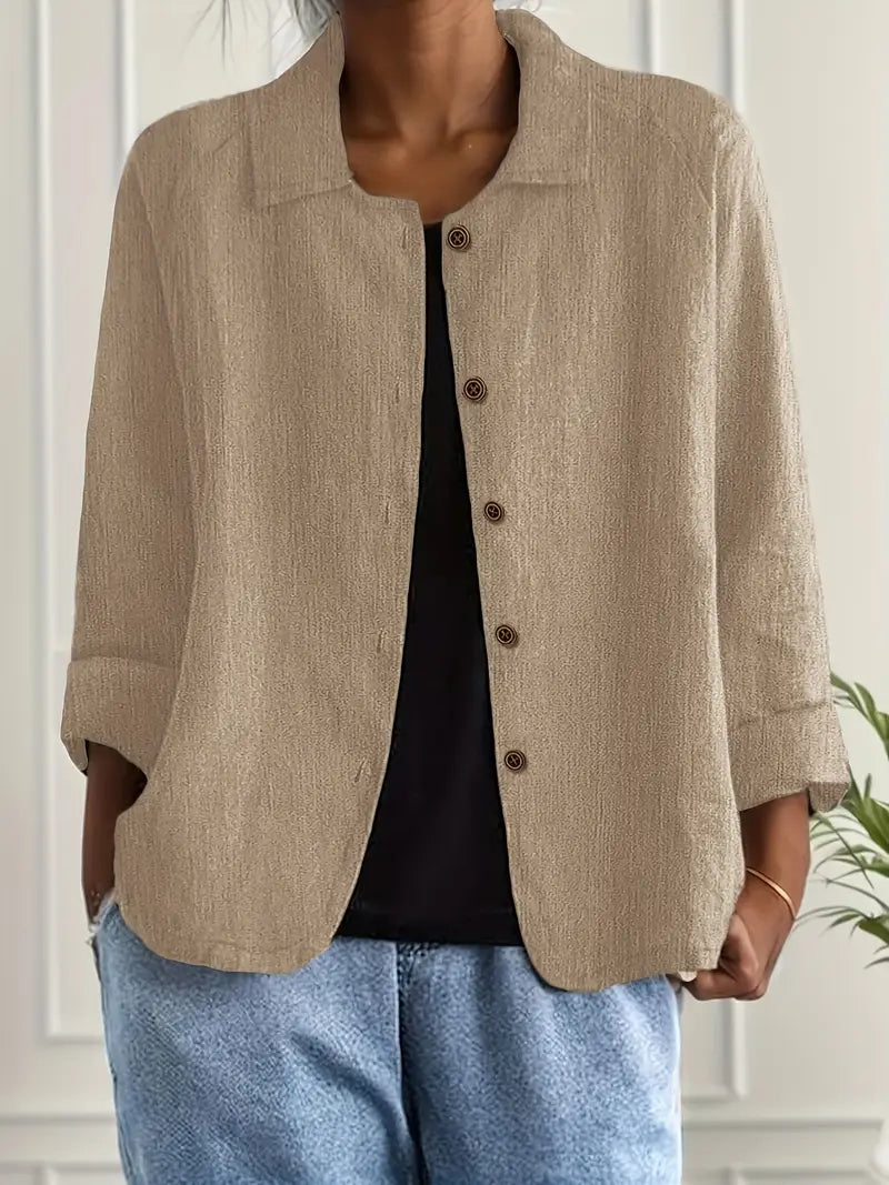 Collared Button Down Three Quarter Sleeve Blouse