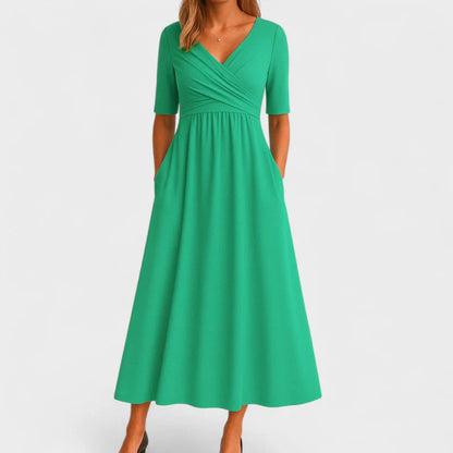 V-Neck Pocketed Midi Dress