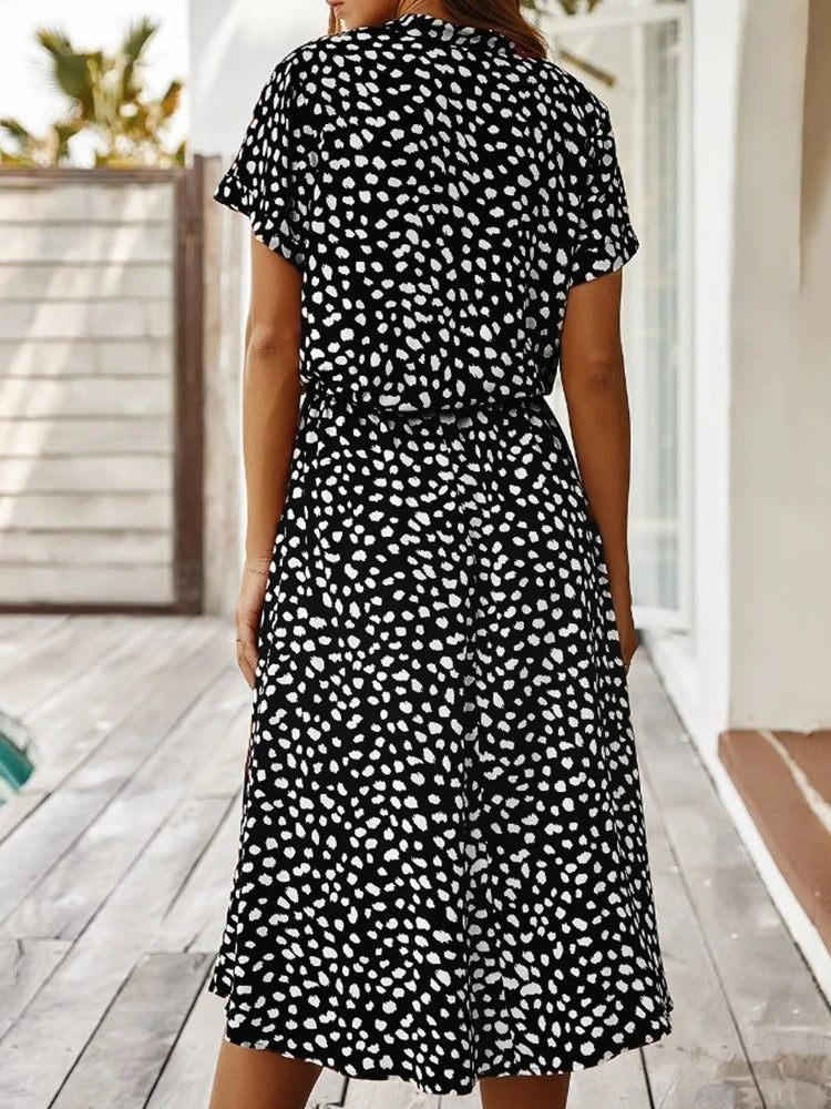 Printed Short Sleeve Drawstring Waist Dress
