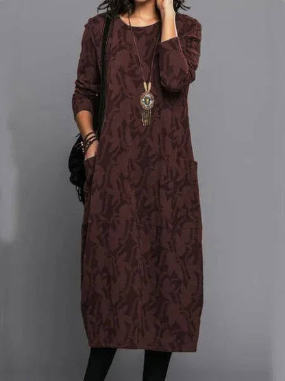 Loose Round Patterned Long Pocketed Straight Dress