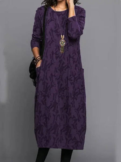 Loose Round Patterned Long Pocketed Straight Dress