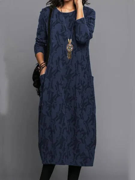 Loose Round Patterned Long Pocketed Straight Dress