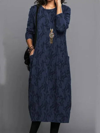 Loose Round Patterned Long Pocketed Straight Dress