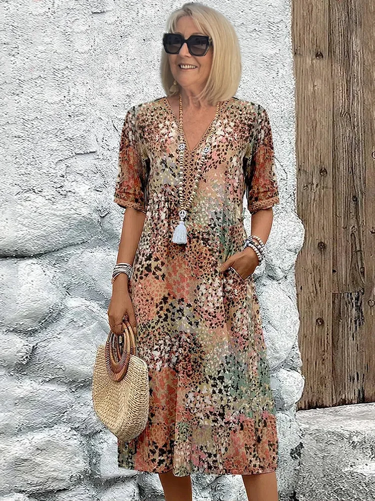 V Neck Abstract Print Dress
